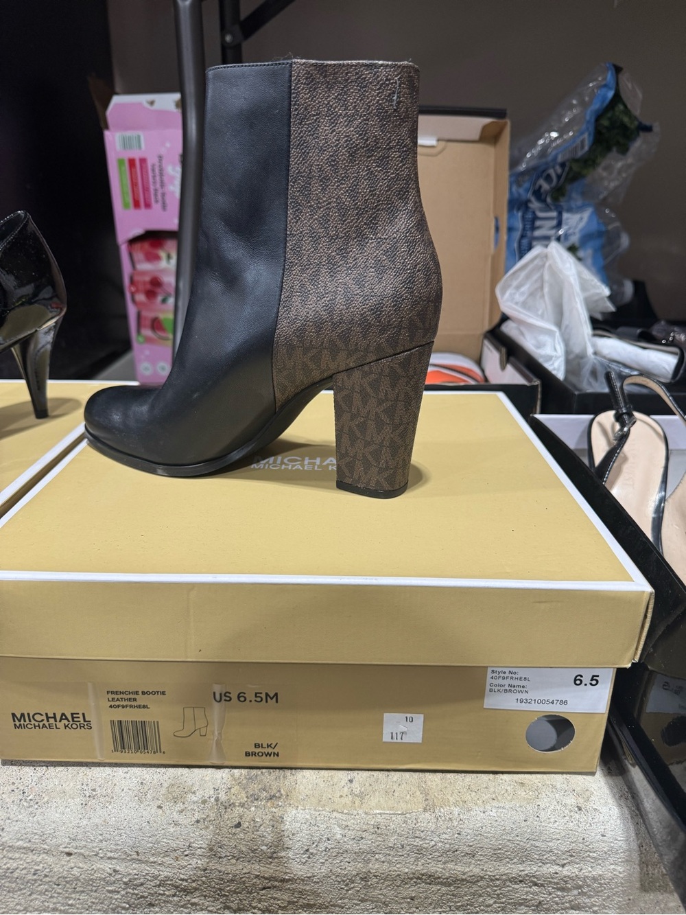 MICHAEL Michael Kors Black Leather & Brown Logo Block Heel Ankle Boot - Picture 3 of 5